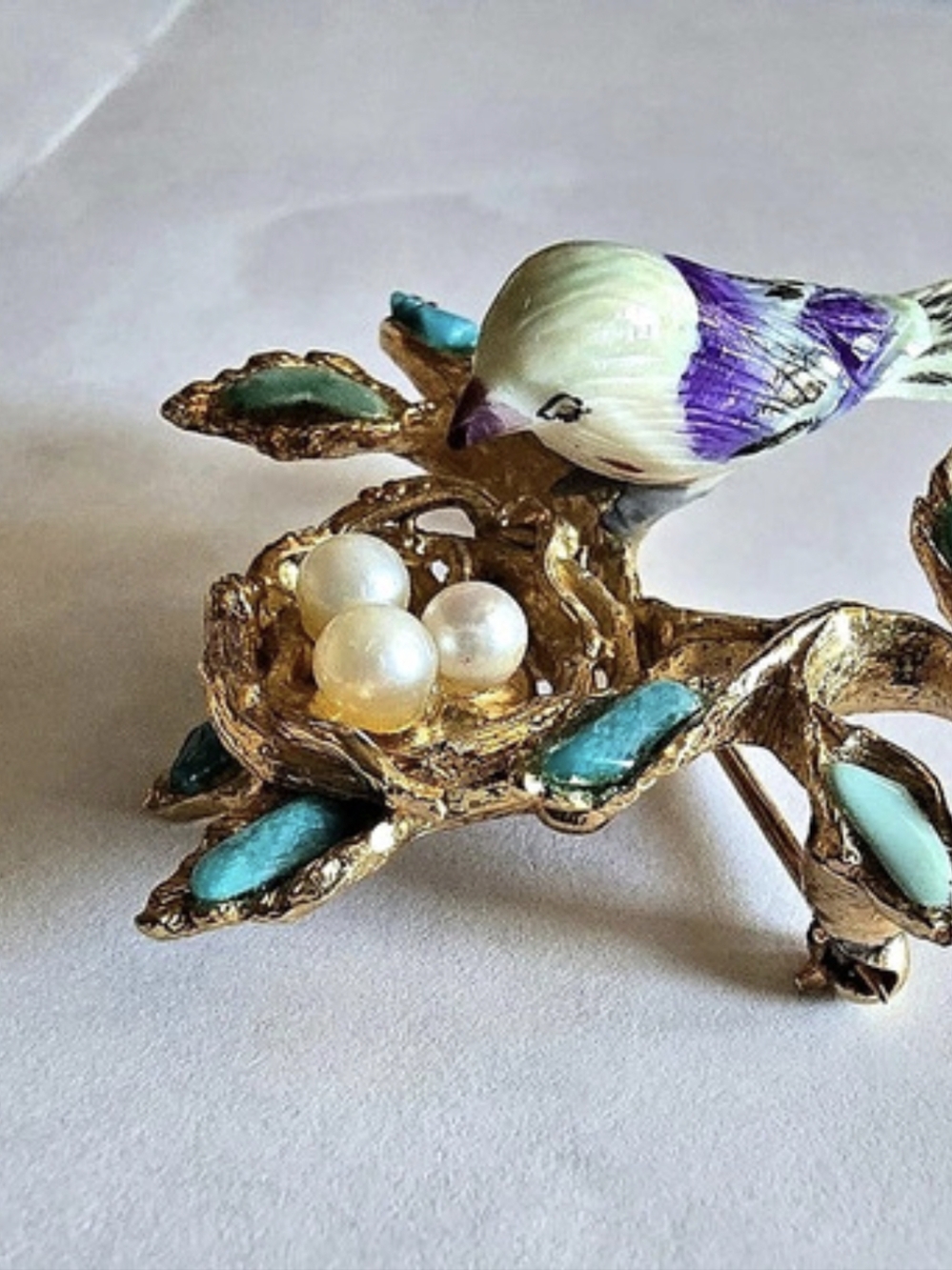 Bird Nest Brooch in Gold & Turquoise